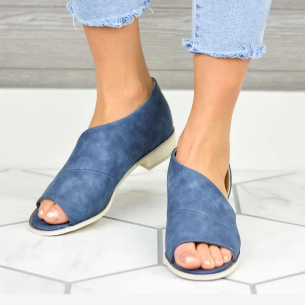 Blue Suede Open Toe Flats